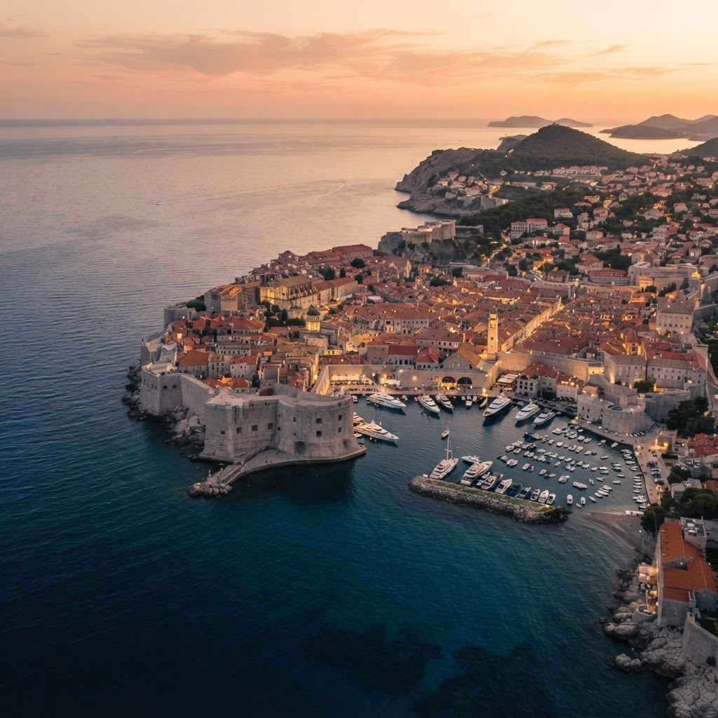 Aerial view of a Mediterranean coastal destination at golden hour